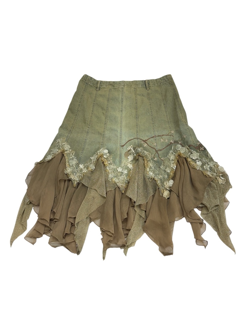 Layered Olive Green Asymmetrical Boho Midi Skirt - Picture 2 of 12